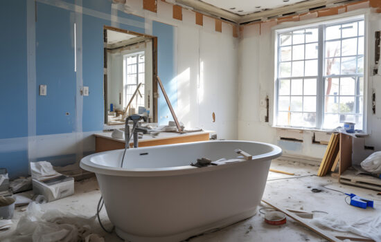 A free-standing bathtub in the middle of a bathroom remodel in El Paso.