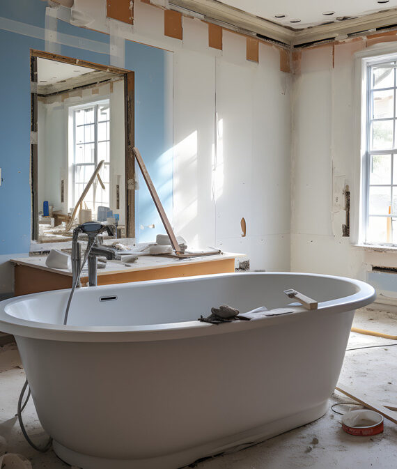 A free-standing bathtub in the middle of a bathroom remodel in El Paso.