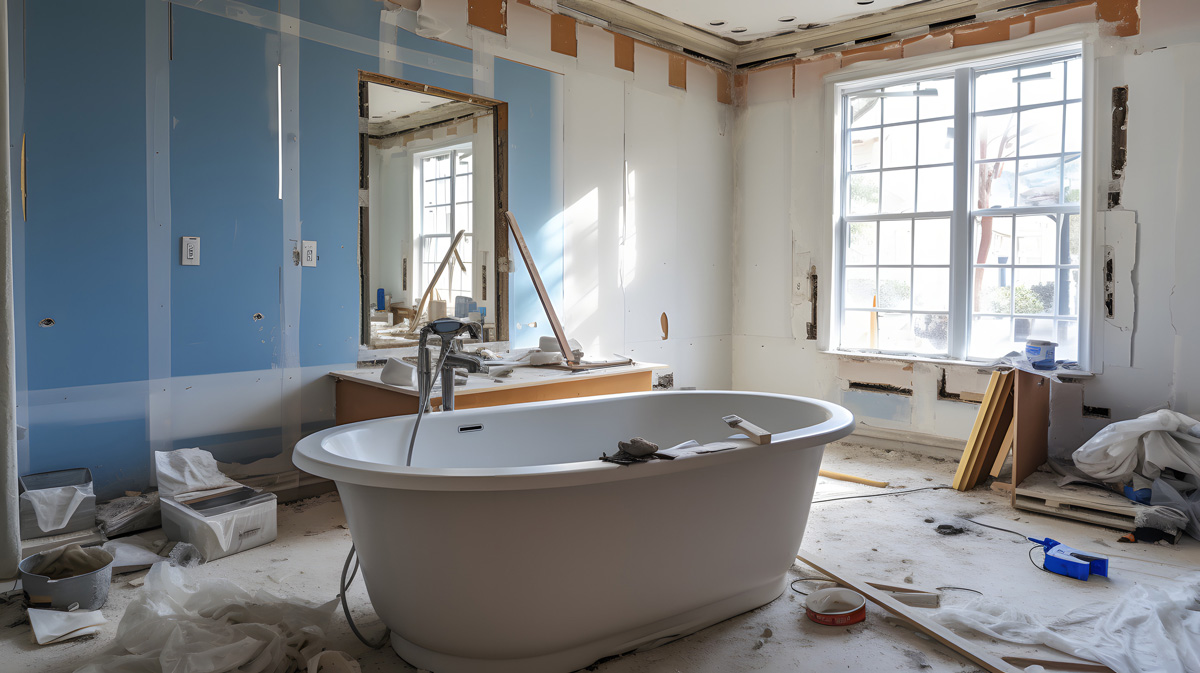 A free-standing bathtub in the middle of a bathroom remodel in El Paso.